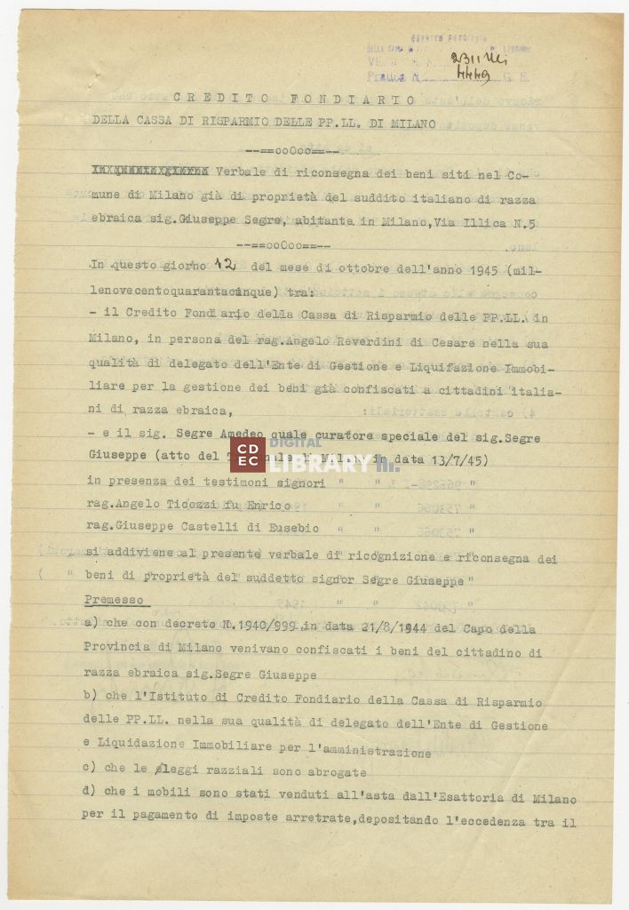 Verbale di riconsegna dei beni di Giuseppe Segre con firma del figlio Amedeo, 12 ottobre 1945